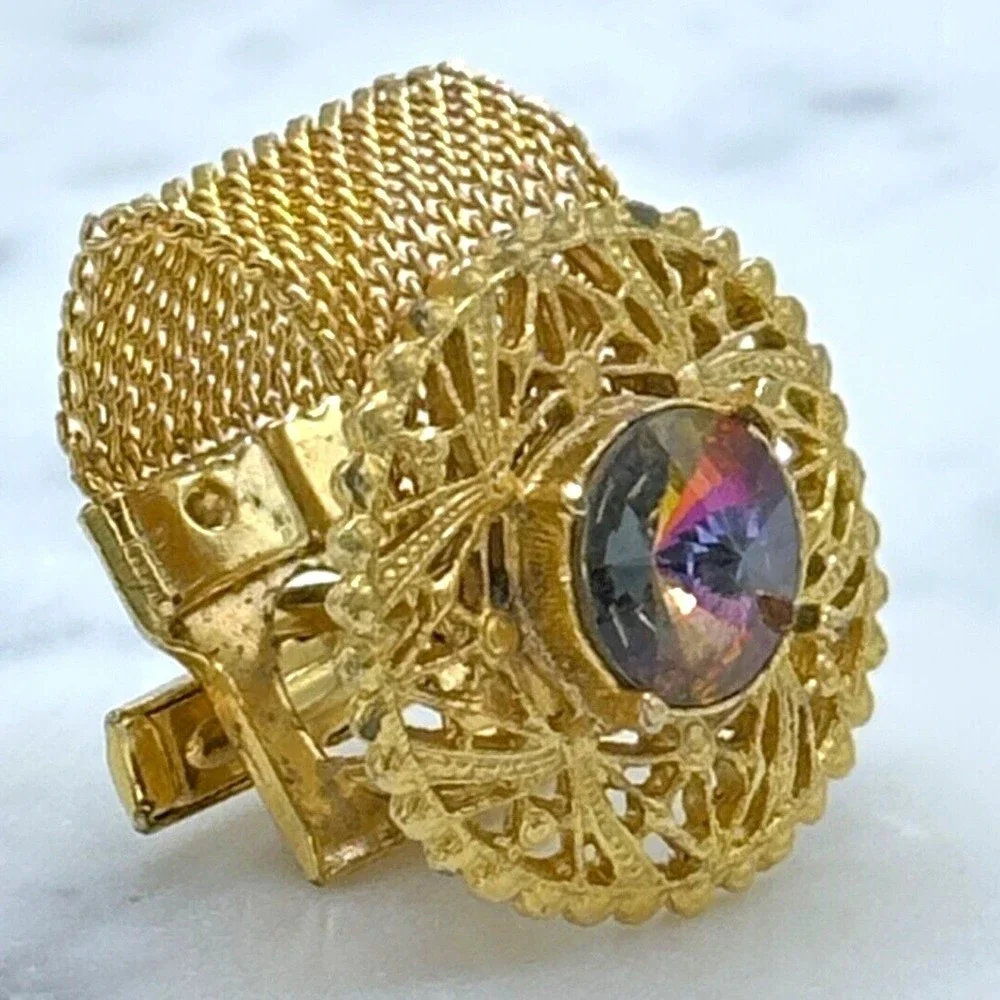 Vintage Round Prismatic Rivoli Gem Gold Tone Mesh Wrap Around Single Cufflink